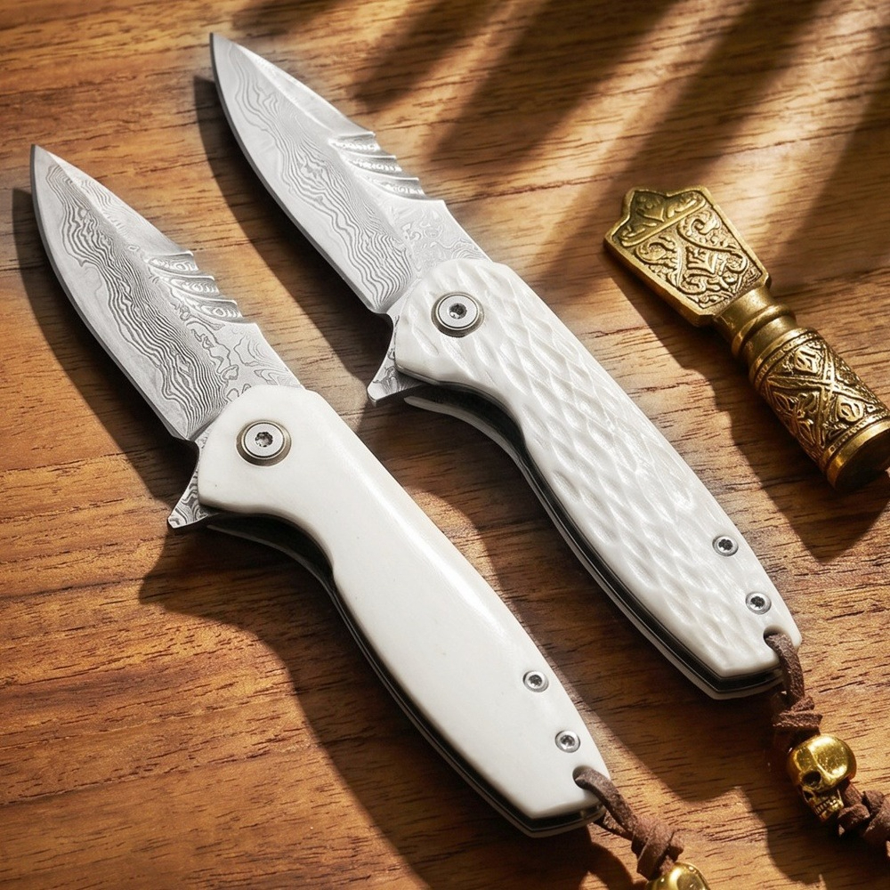 Bone Folder Tool - Damascus Blade Folding Pocket Knife Cow